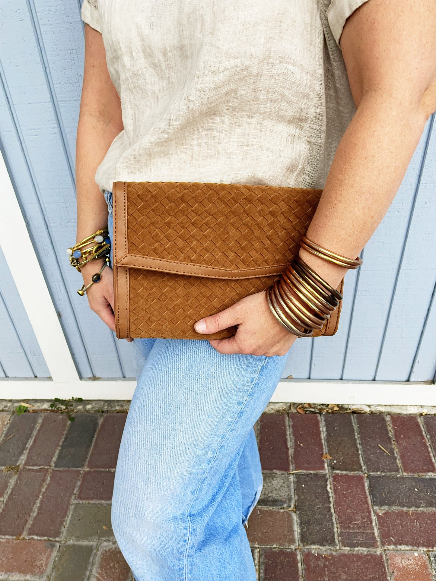 Beth Clutch- Woven Saddle Vegan Suede