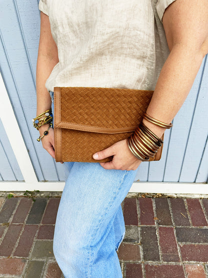 Beth Clutch- Woven Saddle Vegan Suede
