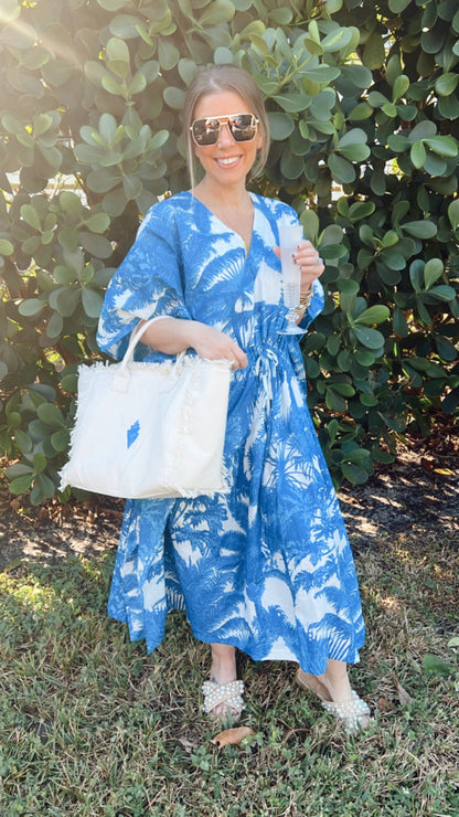 Sophia Kaftan Blue & White Palm Tree