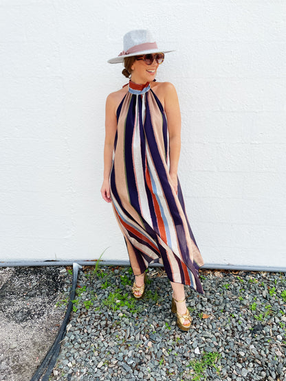Sarah Dress Khaki, Eggplant and Blue