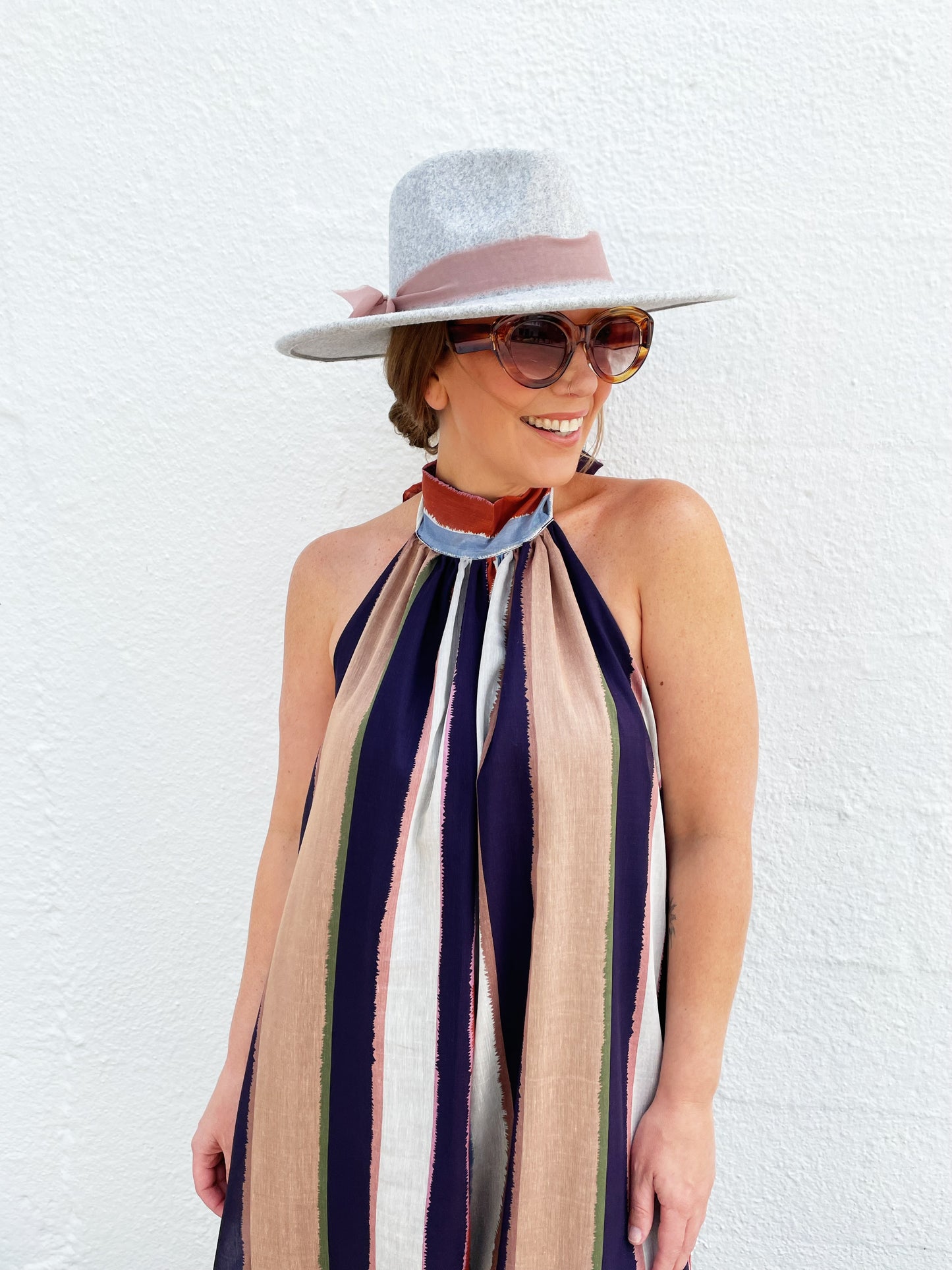 Sarah Dress Khaki, Eggplant and Blue