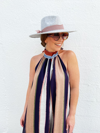Sarah Dress Khaki, Eggplant and Blue