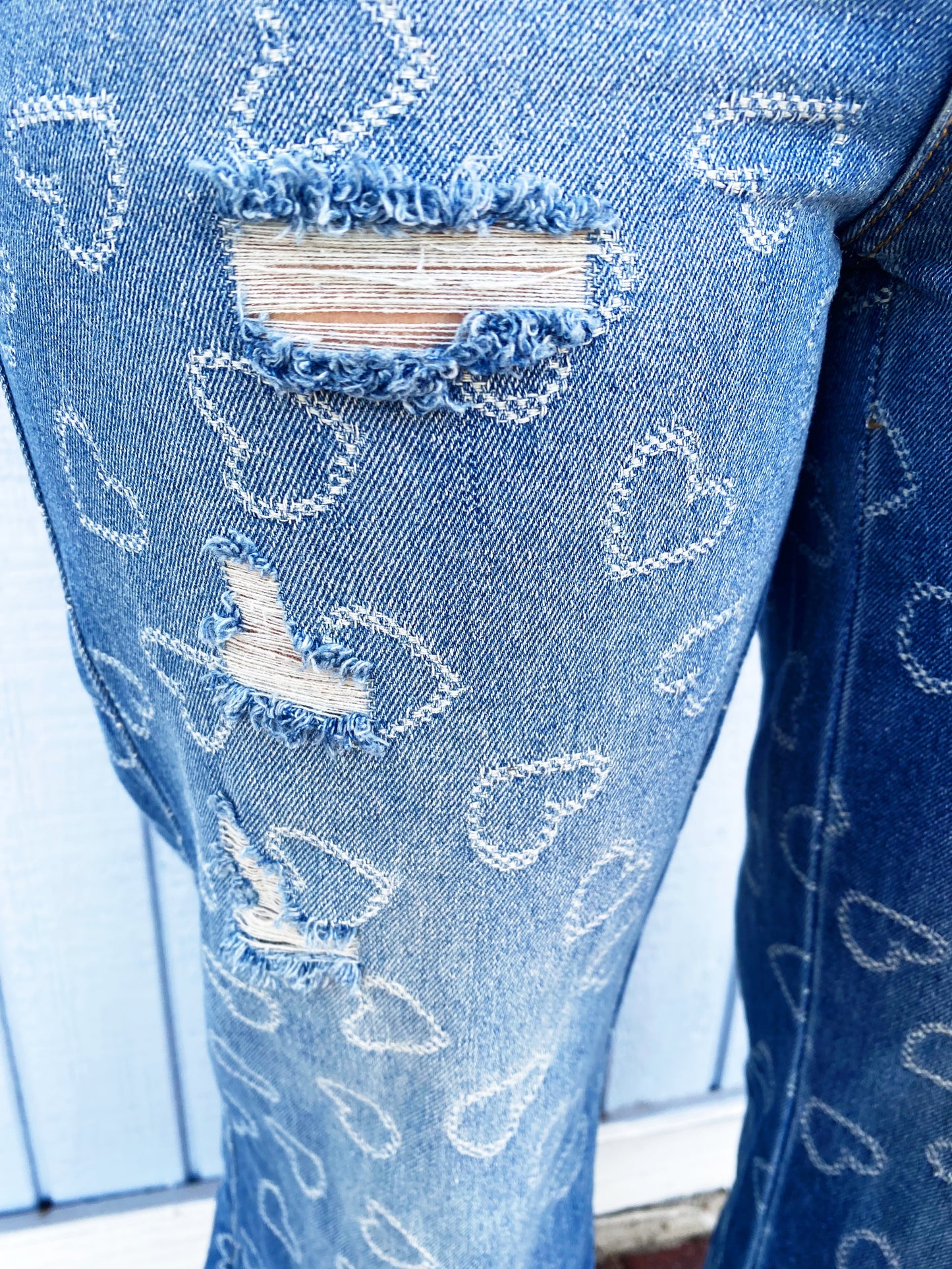 Heart Pattern Washed Denim Pants