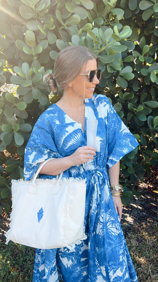 Sophia Kaftan Blue & White Palm Tree