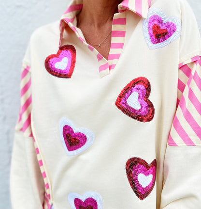 Valentine’s Day Sequin Heart Pattern Long Sleeve Sweatshirt