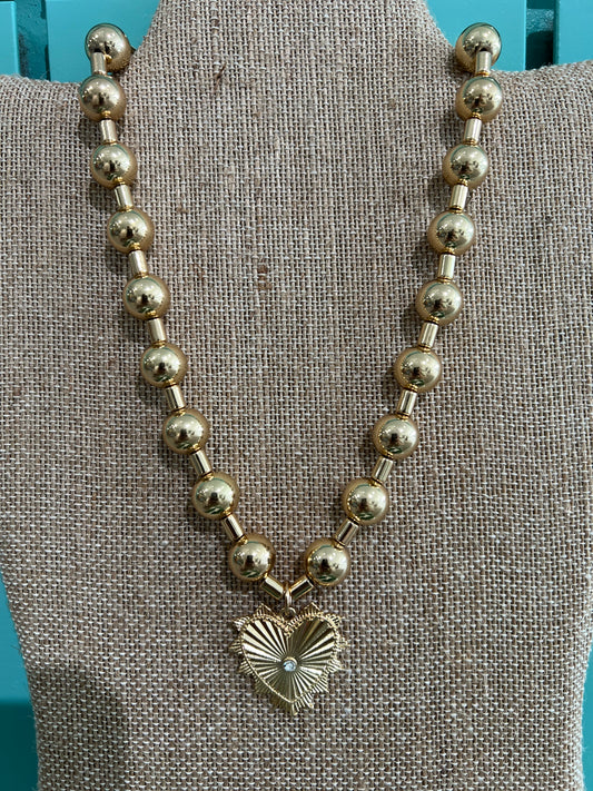 Gold Ball Spike Heart Necklace