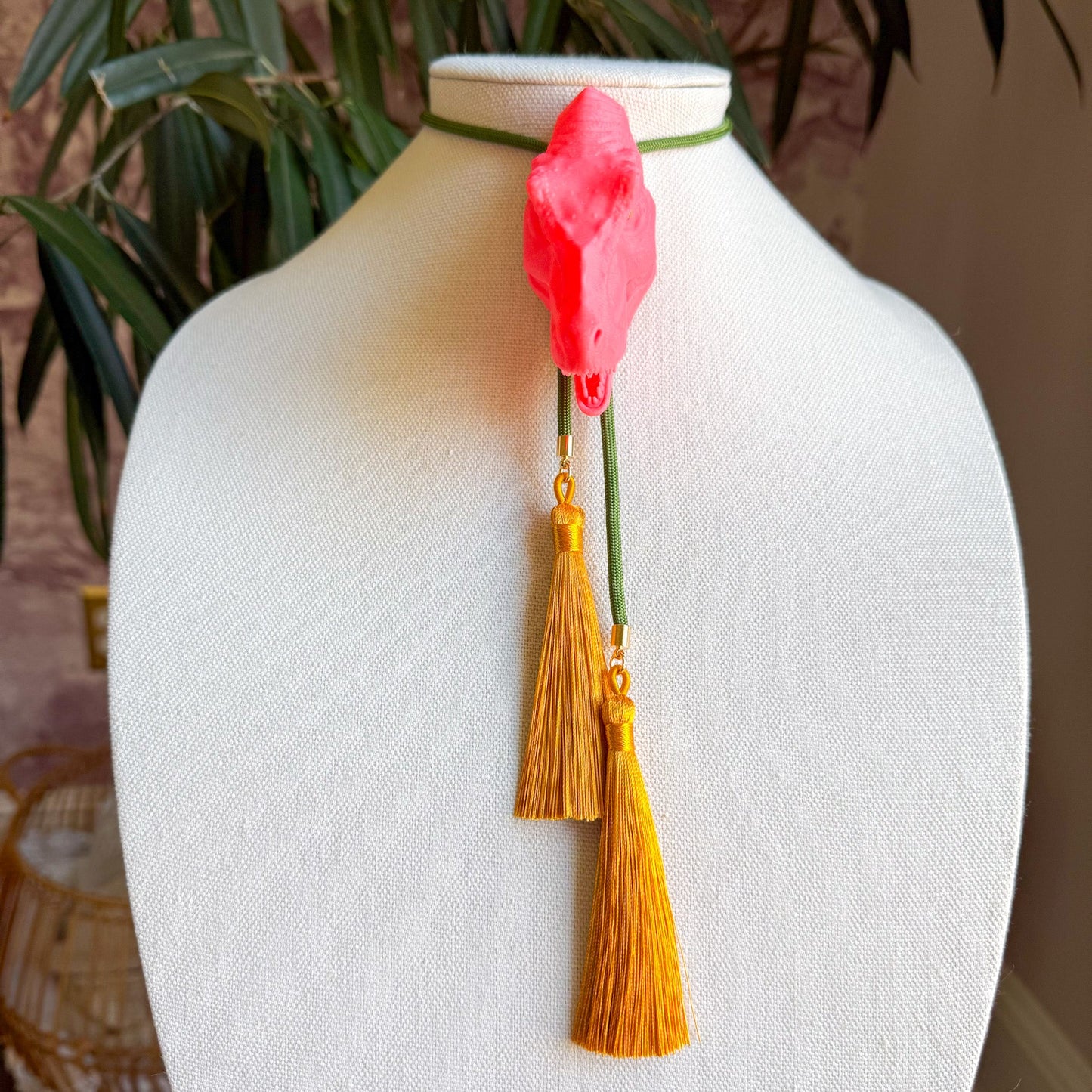 T Rex Bolo Punch Pink with Olive Green & Golden Yellow