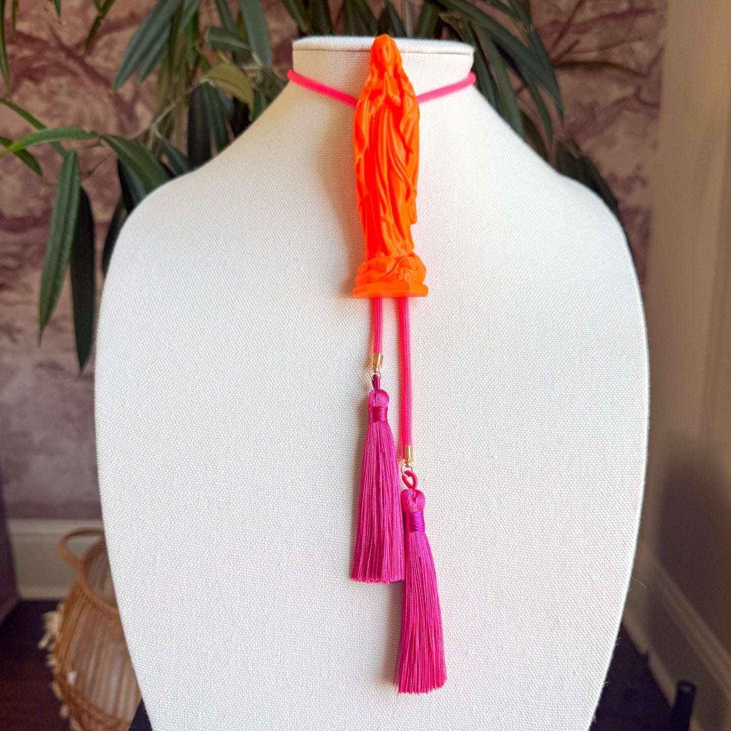 Mother Mary Statue Bolo Burnt Orange with Neon Pink & Fuchsia
