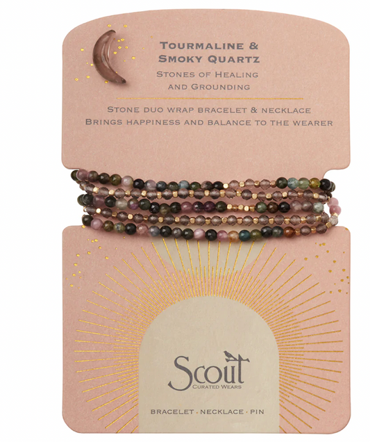 Stone Duo Wrap Bracelet/Necklace/Pin - Tourmaline & Smoky Quartz  SA005