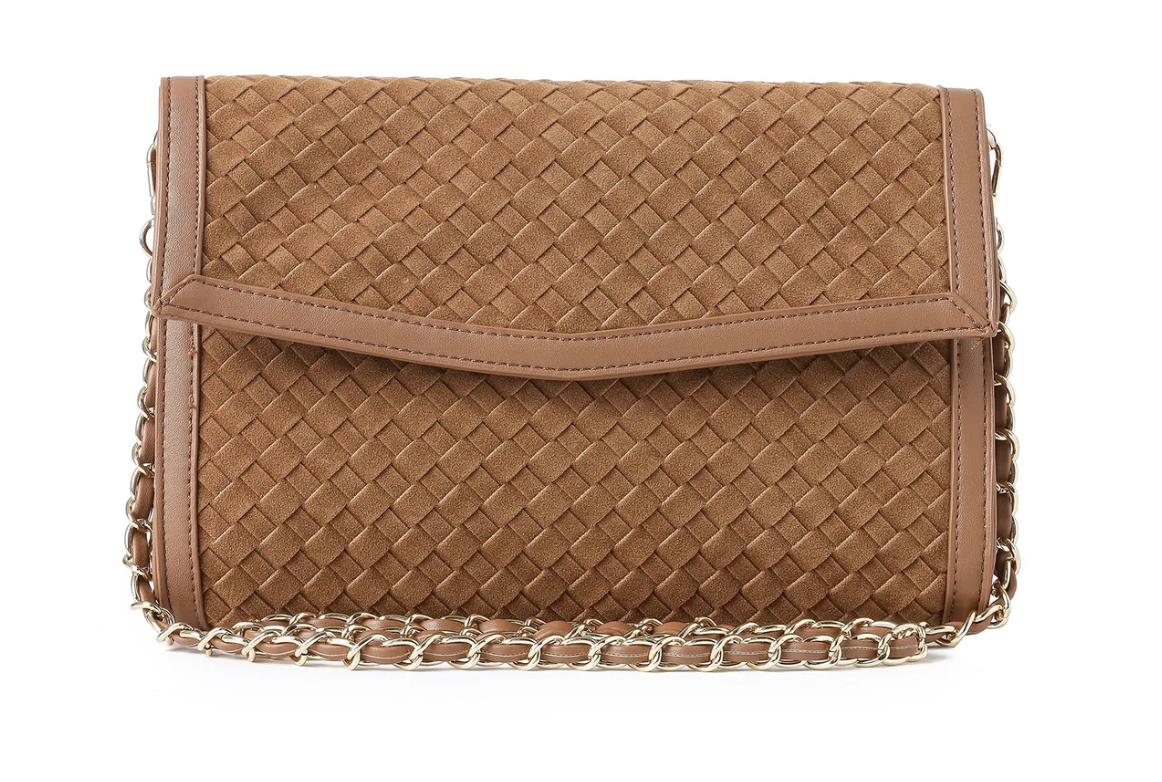 Beth Clutch- Woven Saddle Vegan Suede