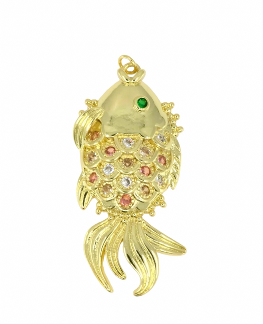 Large Golden Fish Pendant with Crystal Details