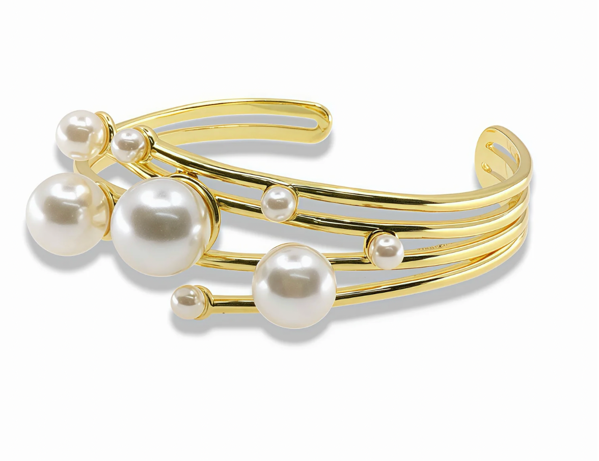 Gold Pearl Open Bangle Bracelet