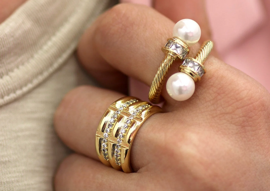 Open gold rope texture ring with pearl and cz accents – adjustable