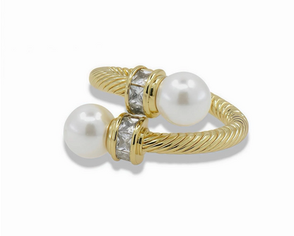 Open gold rope texture ring with pearl and cz accents – adjustable