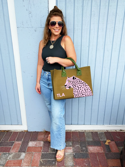 Custom Beaded Pink Leopard Bag- Add Initials