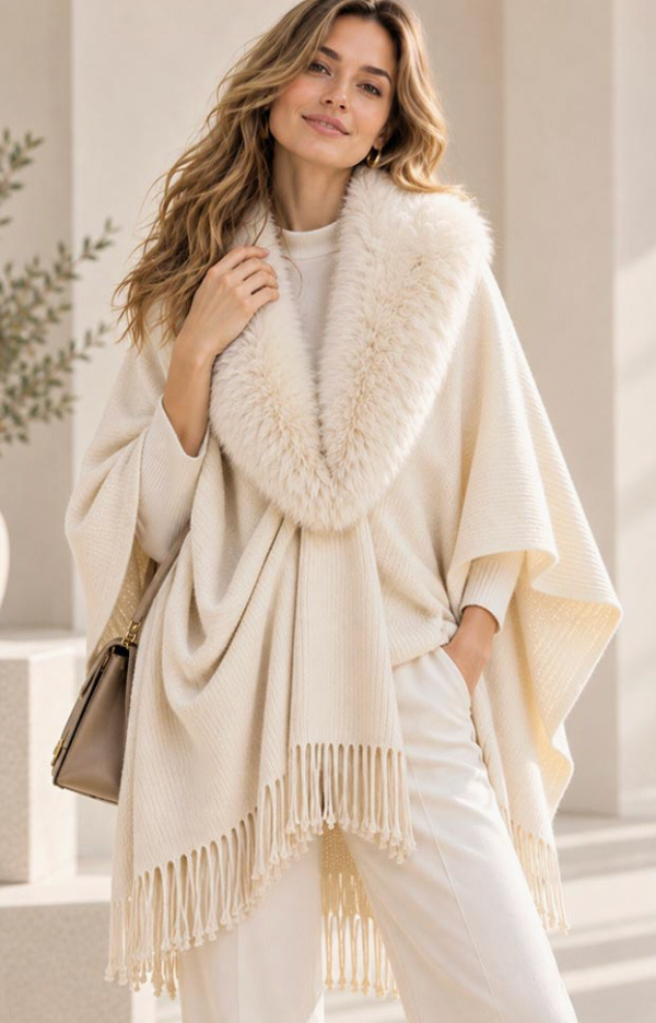 Faux Fur Collar Trim Fringe Shawl Poncho