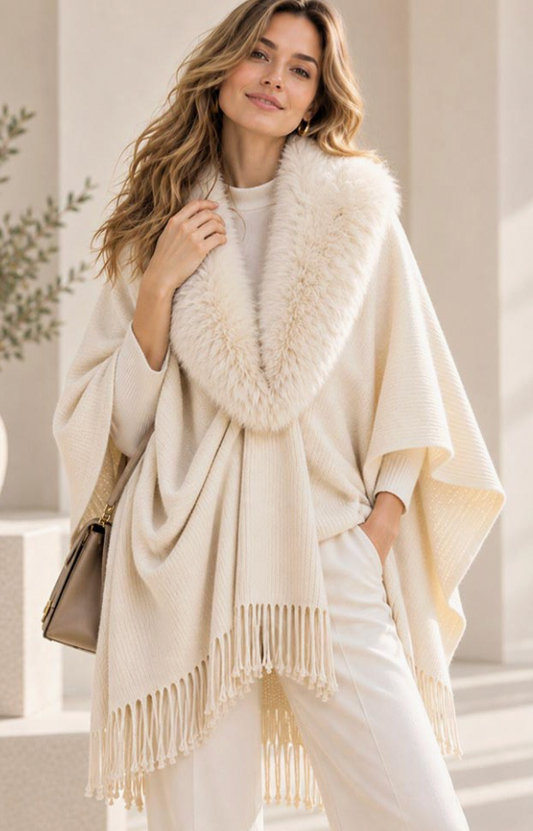Faux Fur Collar Trim Fringe Shawl Poncho