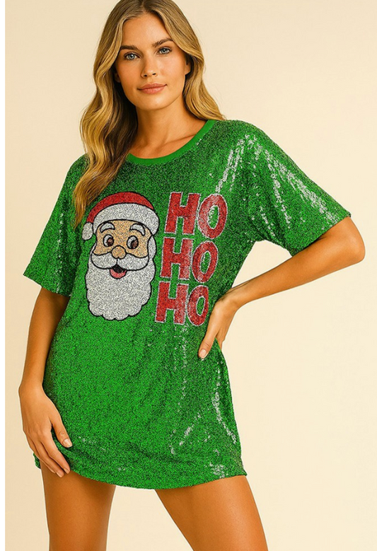 Sequin Ho Ho Ho Santa Holiday Long Party Shirt