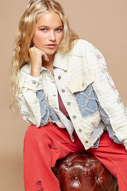 Embroidered Sleeve Raw Edge Quilted Jacket