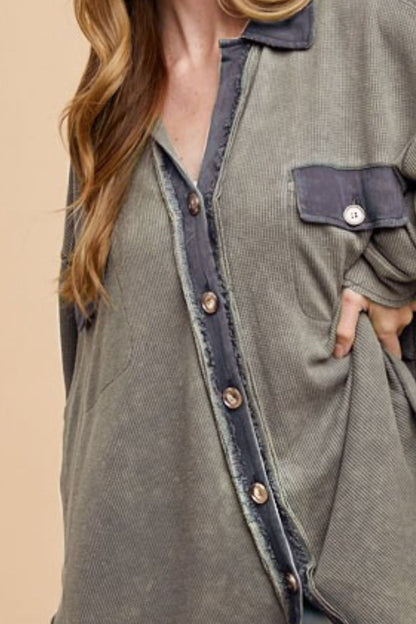 Annie Wear Waffle-Knit Mineral Washed Button Down Shirt