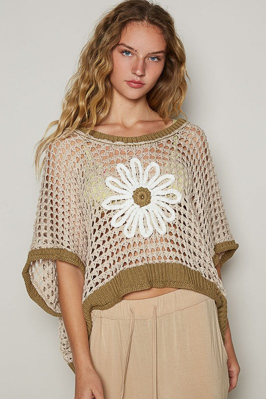 Hollow Out Flower Half Sleeve Knit Cover Up