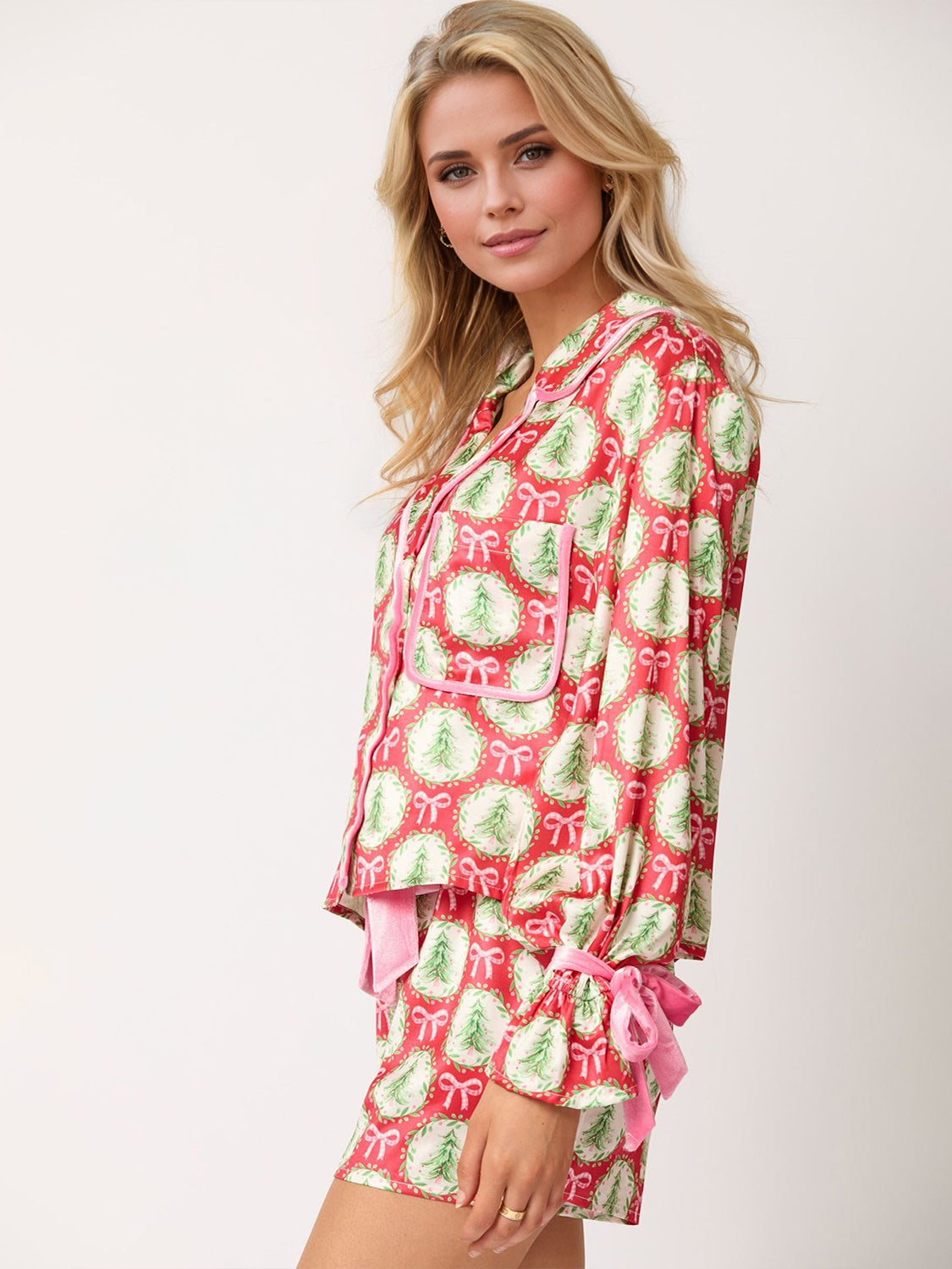 Tied Printed Collared Neck Long Sleeve Top and Shorts Set PREORDER