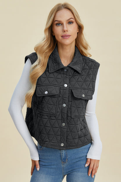 Full Size Pocketed Texture Snap Down Vest Coat