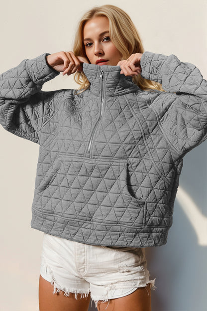 Half Zip Long Sleeve Quilted Sweatshirt with Pocket