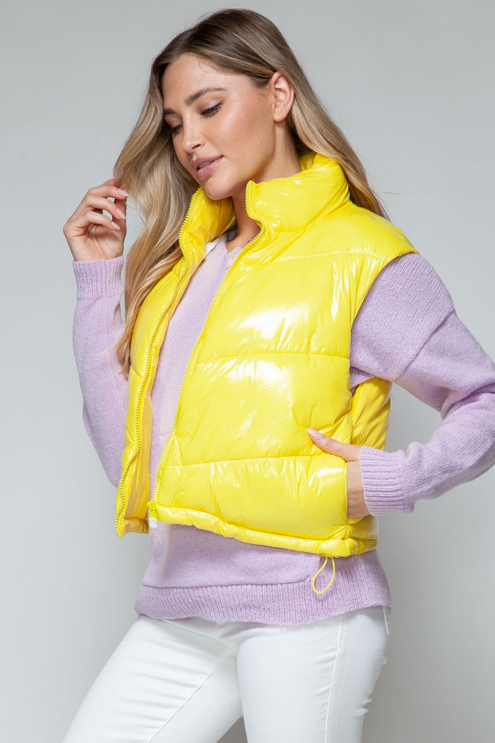 Zip Up Turtleneck Shiny Quilted Vest- YELLOW