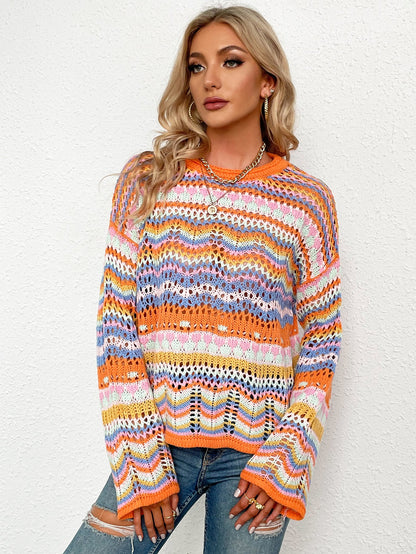 Rainbow Stripe Openwork Flare Sleeve Knit Top PREORDER