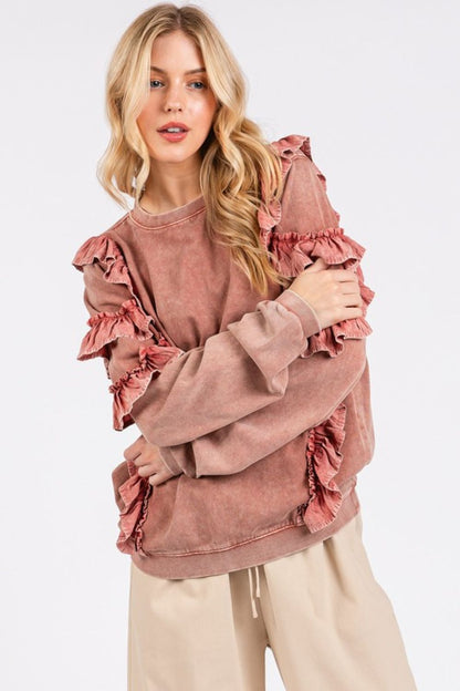 Ruffled Mineral Washed Round Neck Long Sleeve Sweatshirt