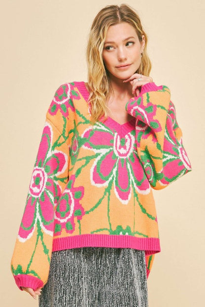 Floral Contrast V-Neck Dropped Shoulder Sweater