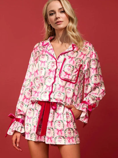 Tied Printed Collared Neck Long Sleeve Top and Shorts Set PREORDER