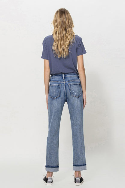 Stretch Mom Jeans w/ Spatter Detail and Cuff