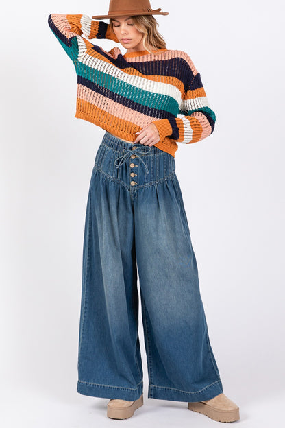 Smocked Waist Band Wide Leg Jeans