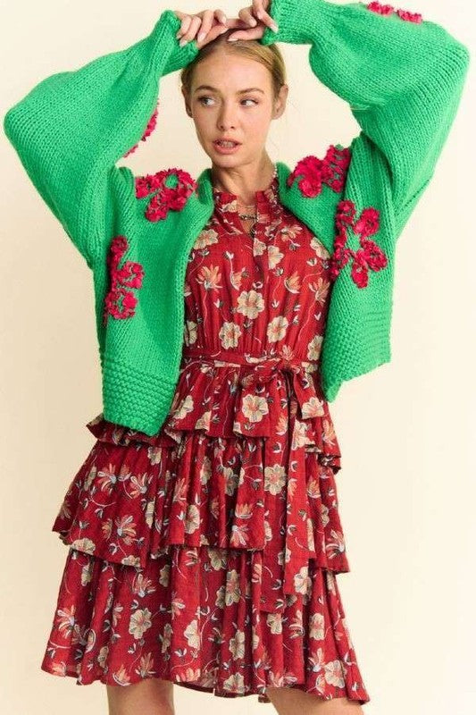 Floral Applique Open Front Drop Shoulder Cardigan