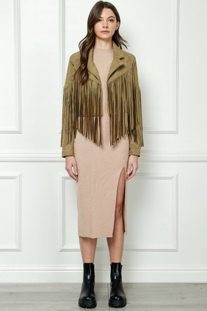 Suede Fringe Long Sleeve Moto Jacket