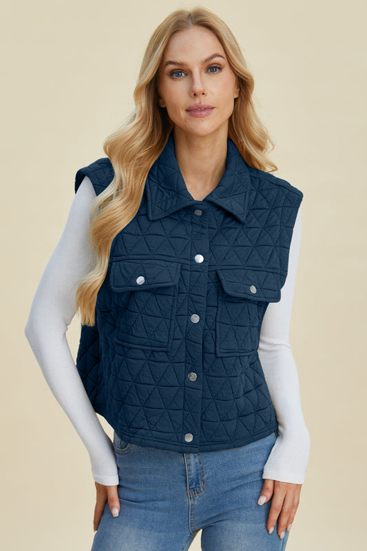 Full Size Pocketed Texture Snap Down Vest Coat