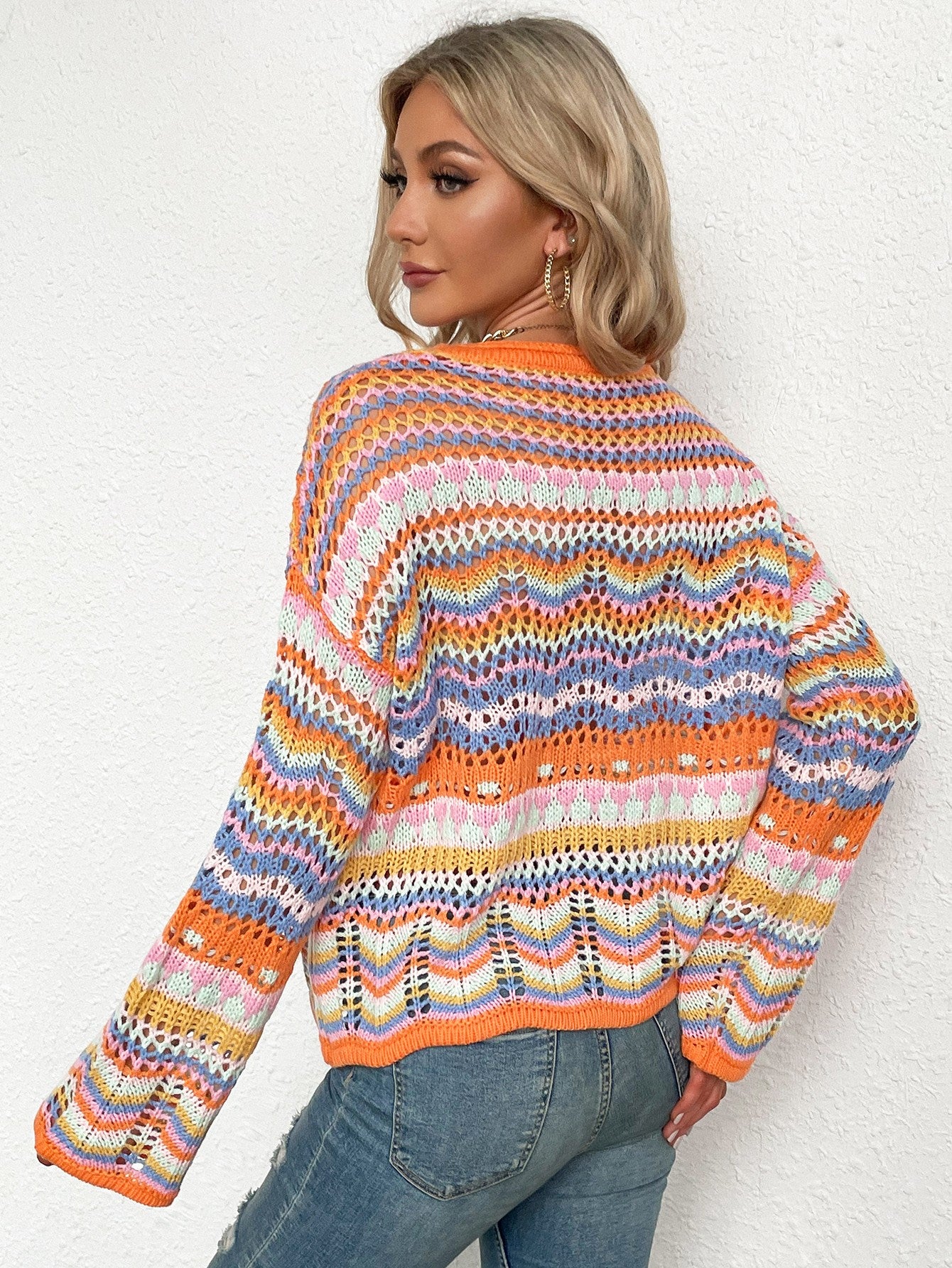 Rainbow Stripe Openwork Flare Sleeve Knit Top PREORDER