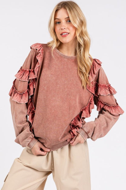 Ruffled Mineral Washed Round Neck Long Sleeve Sweatshirt