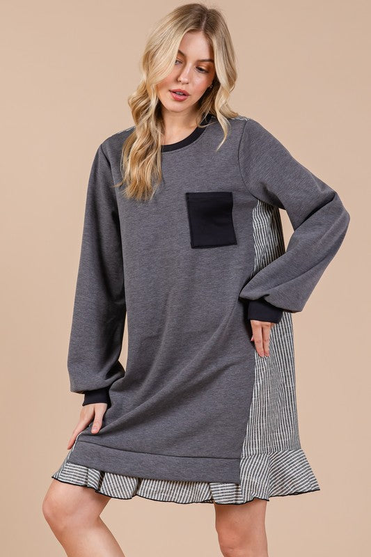 Femme Striped Patchwork Round Neck Terry Sweatshirt Dress