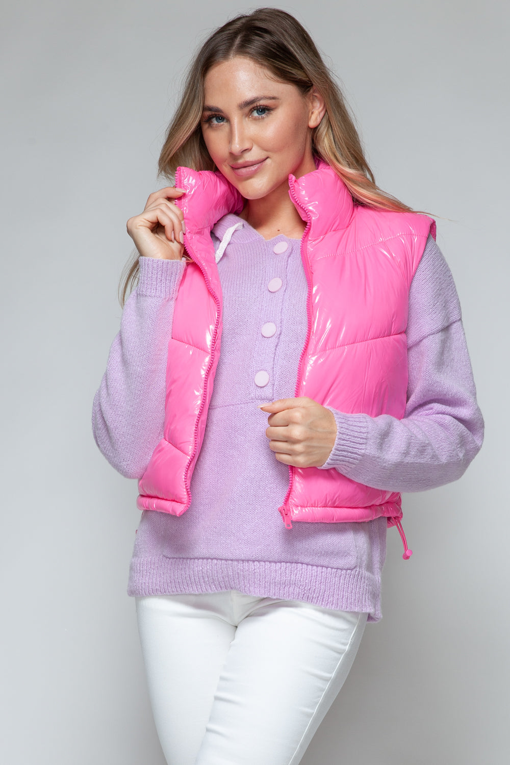 Zip Up Turtleneck Shiny Quilted Vest- PINK