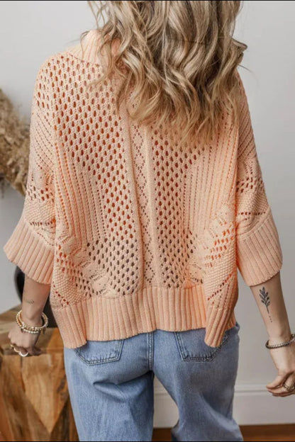 Cutout Collared Neck Three-Quarter Sleeve Sweater PREORDER