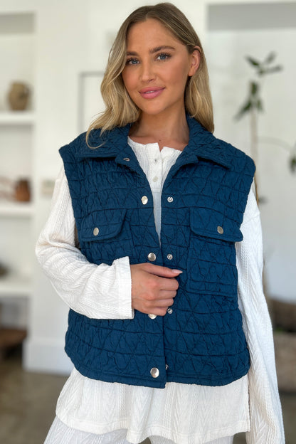 Full Size Pocketed Texture Snap Down Vest Coat