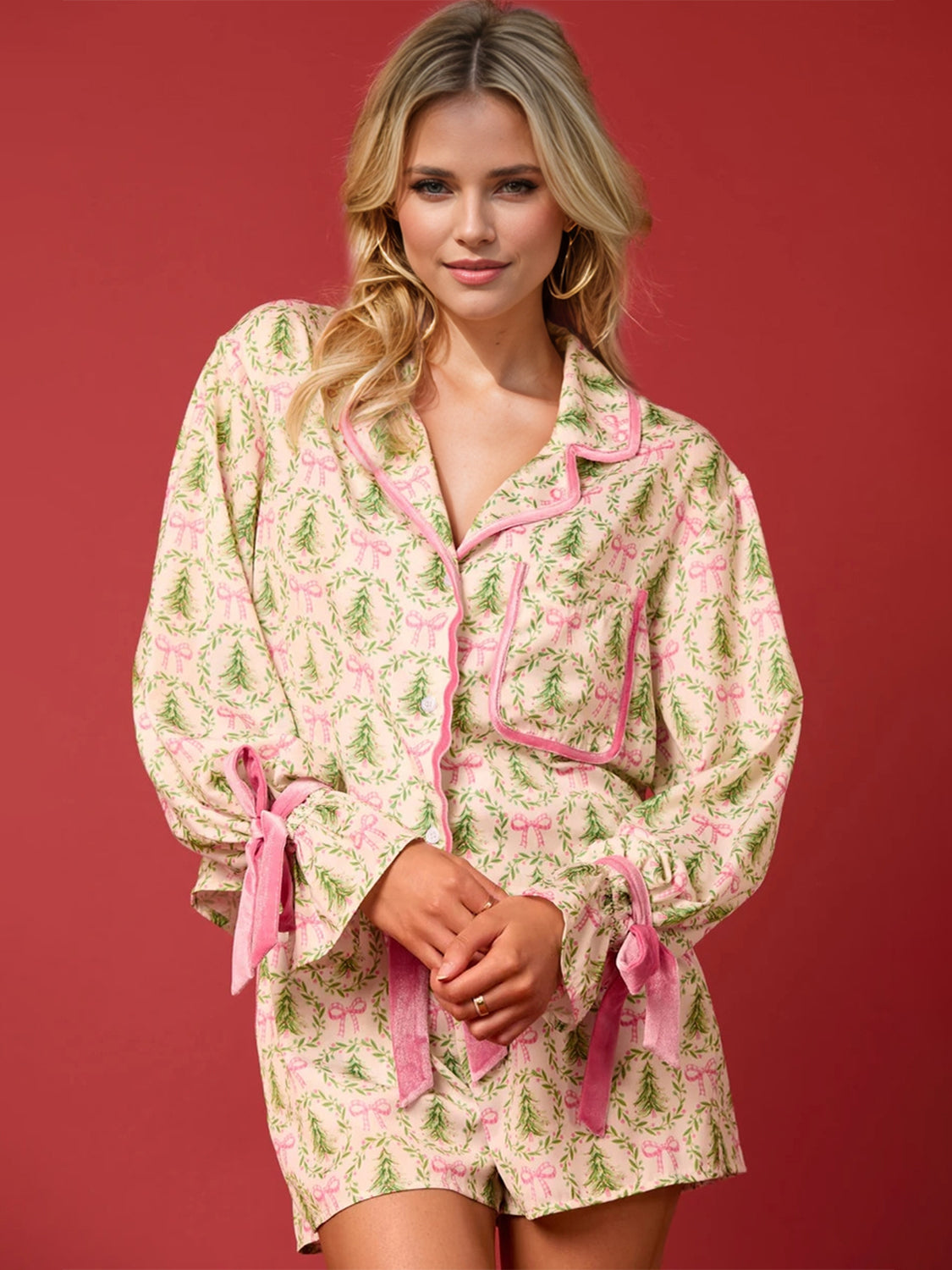 Tied Printed Collared Neck Long Sleeve Top and Shorts Set PREORDER