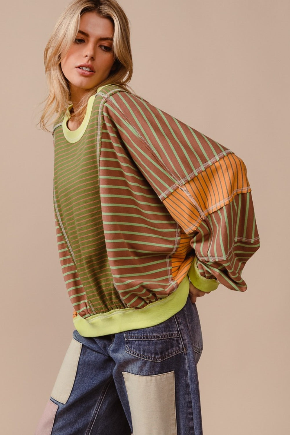 Color Block Striped Round Neck Sweatshirt