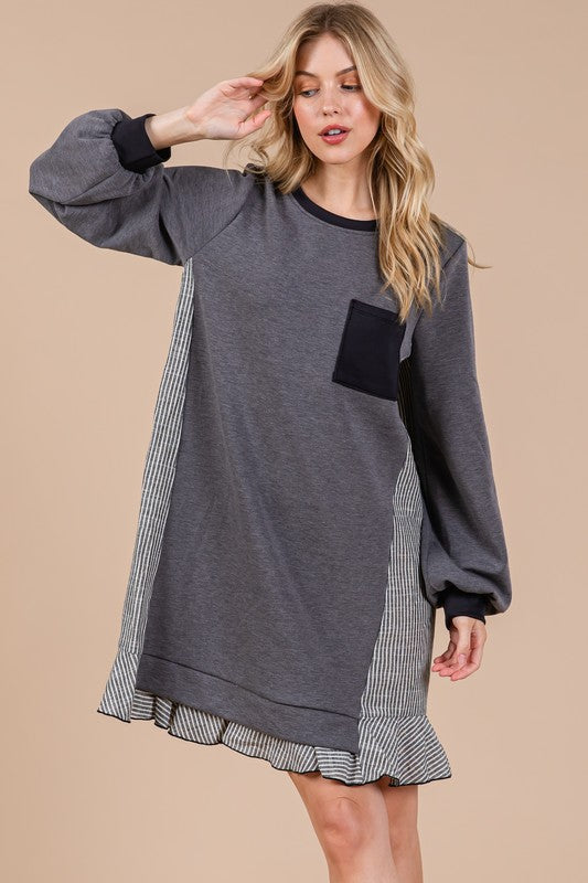 Femme Striped Patchwork Round Neck Terry Sweatshirt Dress