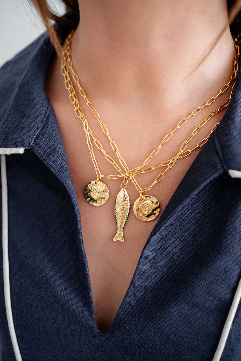 Fish - Beach Town - Small Paper Clip Chain Necklace - 18k Gold Plated 18 Inches