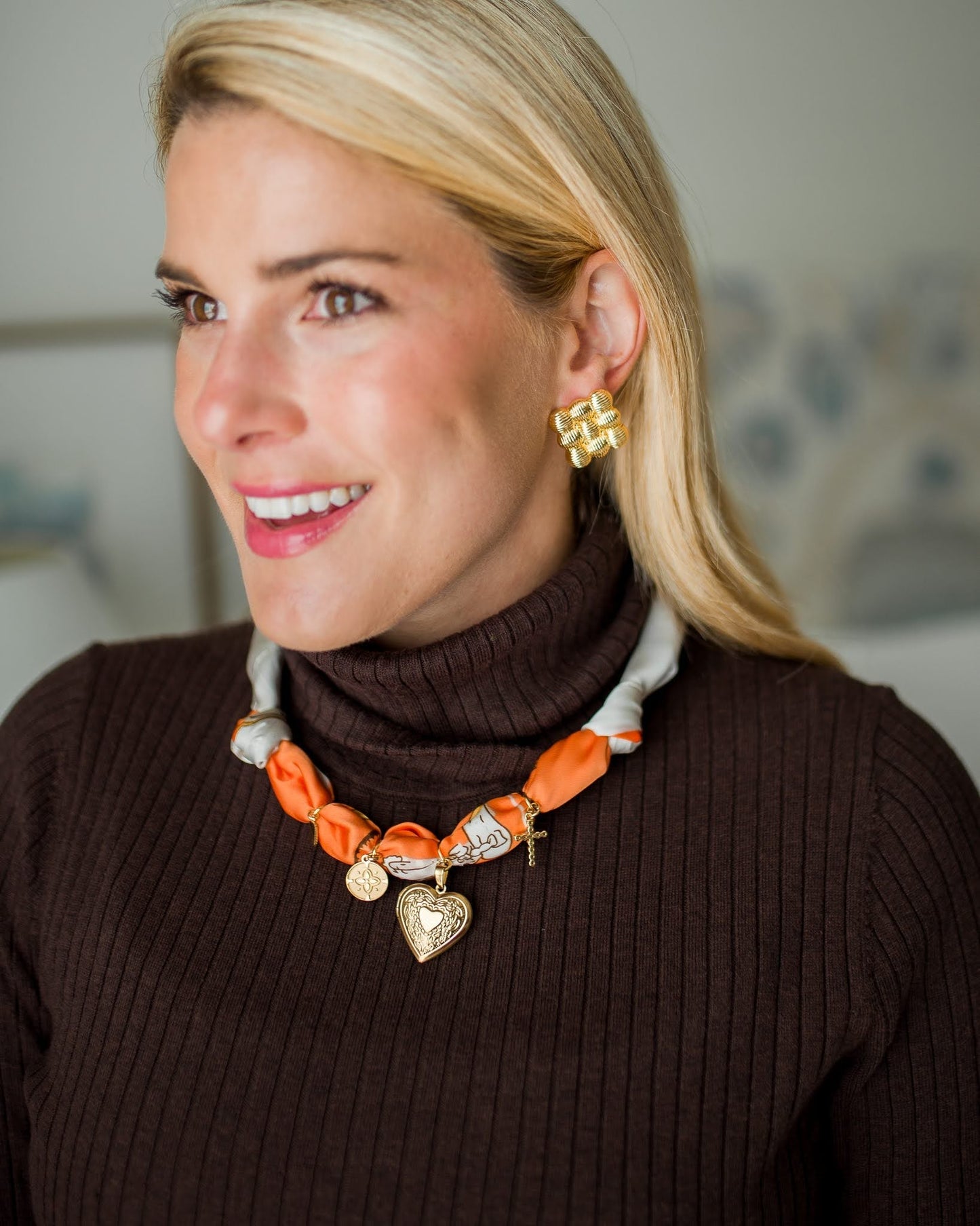 Leigh - Orange Locket Heart -  Scarf Necklace