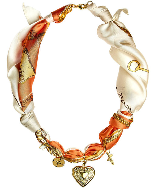 Leigh - Orange Locket Heart -  Scarf Necklace